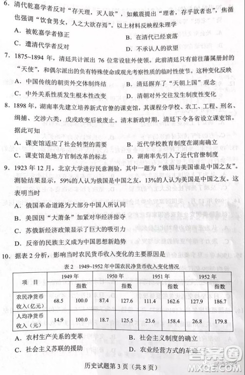 湖南省2021年普通高等学校招生适应性考试历史试题及答案 湖南省2021年普通高等学校招生适应性考试历史试题及答案