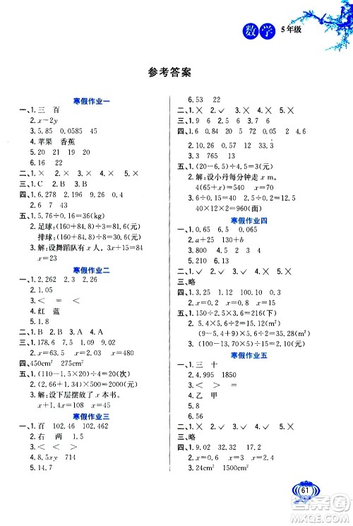 河北美术出版社2021寒假生活数学五年级人教版答案 河北美术出版社2021寒假生活数学五年级人教版答案
