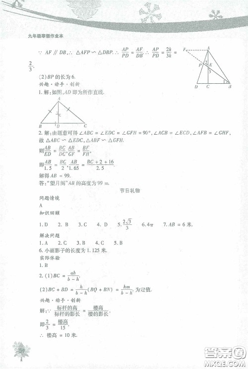 北京教育出版社2021寒假作业本数学九年级答案