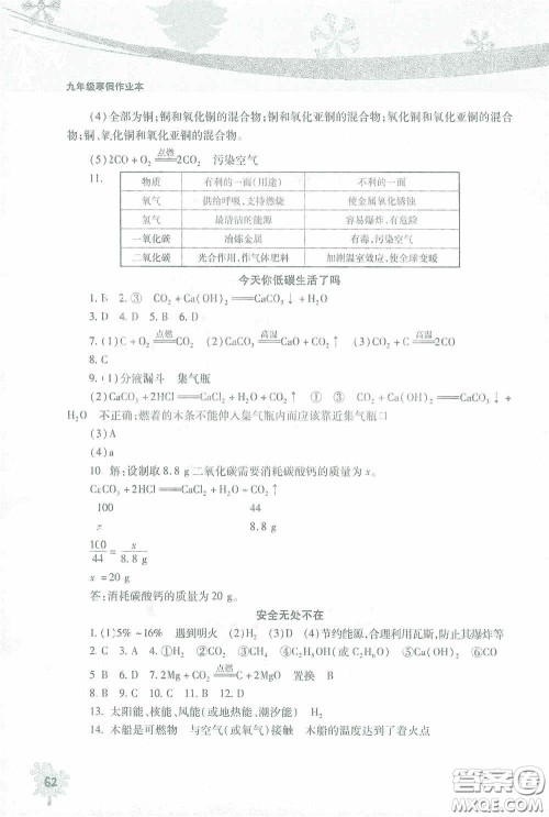 北京教育出版社2021寒假作业本化学九年级答案