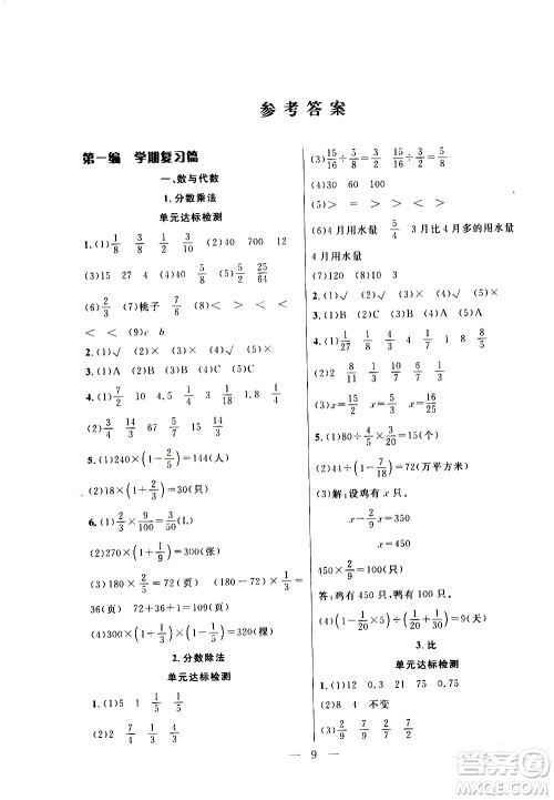 吉林教育出版社2021优等生快乐寒假最佳复习计划六年级数学RJ人教版答案
