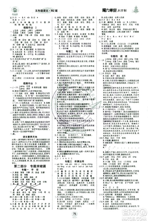 北方妇女儿童出版社2021魔力寒假A计划五年级上册语文RJ人教版答案