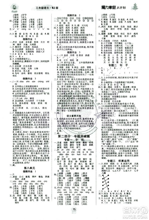 北方妇女儿童出版社2021魔力寒假A计划三年级上册语文RJ人教版答案