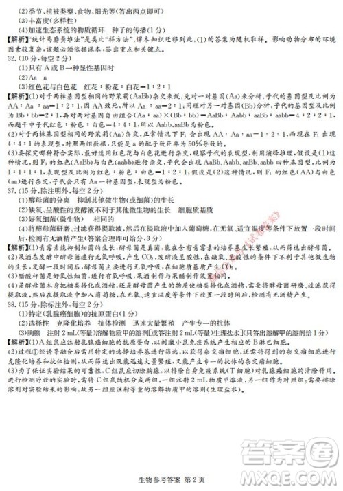 2021年湘豫名校联考高三1月联考理科综合试题及答案