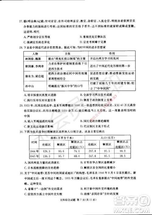 2021年湘豫名校联考高三1月联考文科综合试题及答案 2021年湘豫名校联考高三1月联考文科综合试题及答案