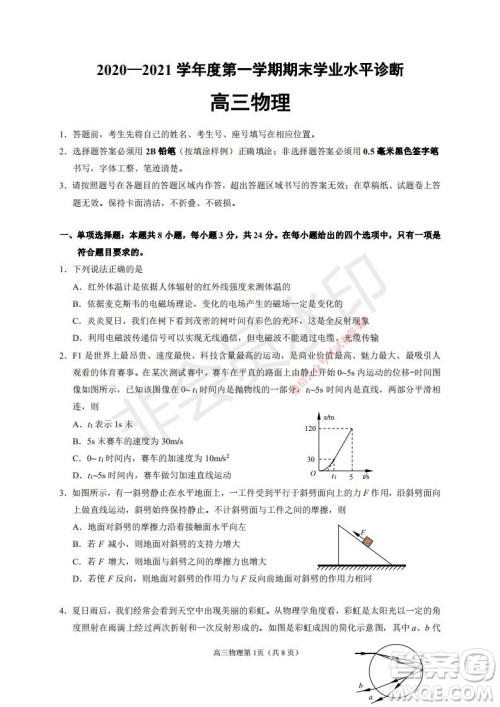 烟台2020-2021学年度第一学期期末学业水平诊断高三物理试题及答案