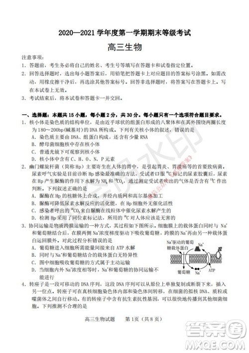 烟台2020-2021学年度第一学期期末学业水平诊断高三生物试题及答案 烟台2020-2021学年度第一学期期末学业水平诊断高三生物试题及答案