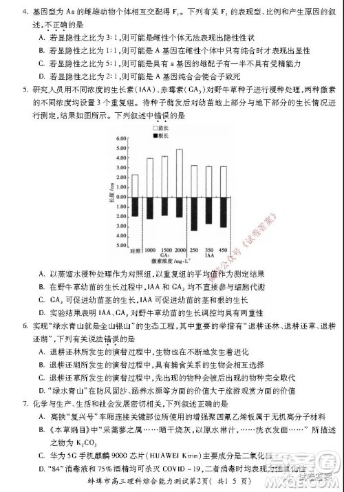 蚌埠市2021届高三年级第二次教学质量检查考试理科综合试题及答案