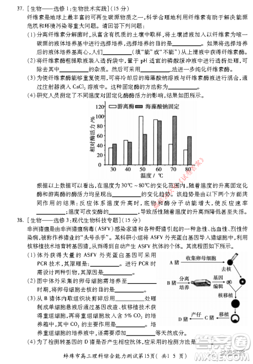 蚌埠市2021届高三年级第二次教学质量检查考试理科综合试题及答案