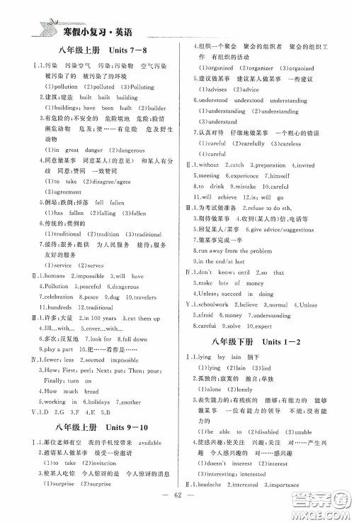 山东人民出版社2021寒假小复习九年级英语人教版答案