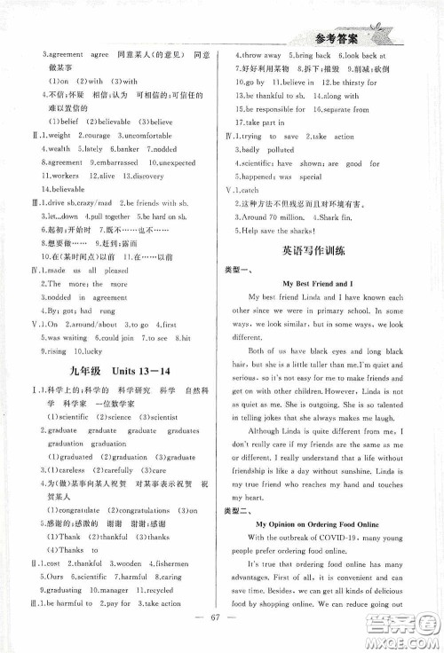 山东人民出版社2021寒假小复习九年级英语人教版答案