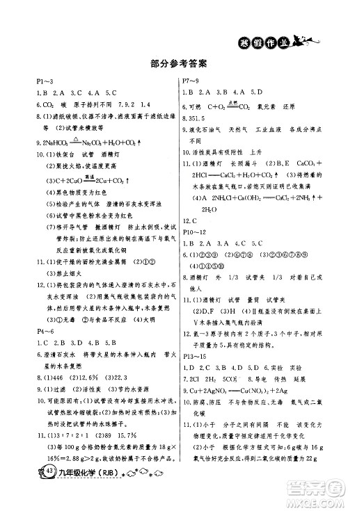 延边教育出版社2021快乐假期寒假作业九年级化学RJB人教版答案