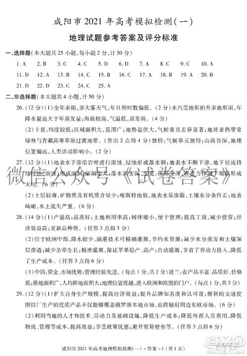 咸阳市2021年高考模拟检测一政治历史地理答案 咸阳市2021年高考模拟检测一政治历史地理答案