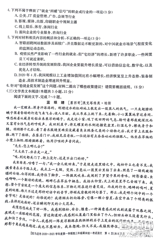 驻马店市2020-2021学年度第一学期高三年级期末统一考试语文试题及答案