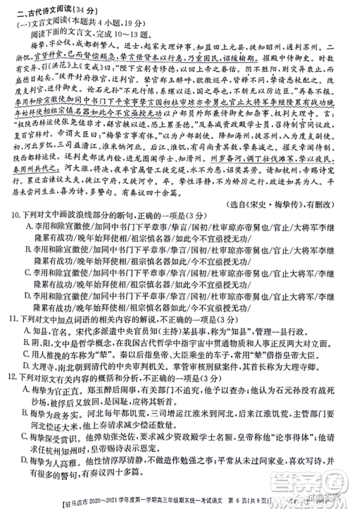 驻马店市2020-2021学年度第一学期高三年级期末统一考试语文试题及答案