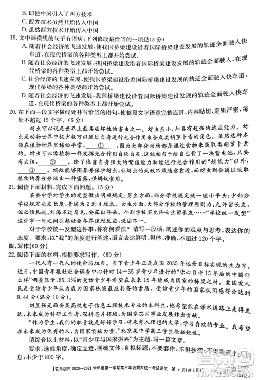 驻马店市2020-2021学年度第一学期高三年级期末统一考试语文试题及答案