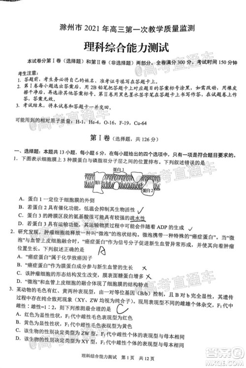 滁州市2021年高三第一次教学质量监测理科综合试题及答案 滁州市2021年高三第一次教学质量监测理科综合试题及答案