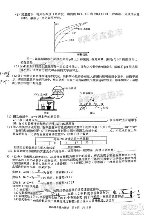 滁州市2021年高三第一次教学质量监测理科综合试题及答案