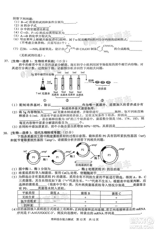 滁州市2021年高三第一次教学质量监测理科综合试题及答案