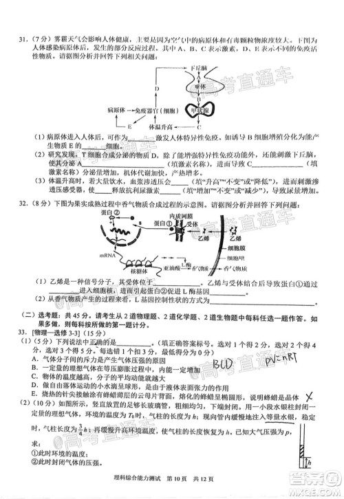 滁州市2021年高三第一次教学质量监测理科综合试题及答案