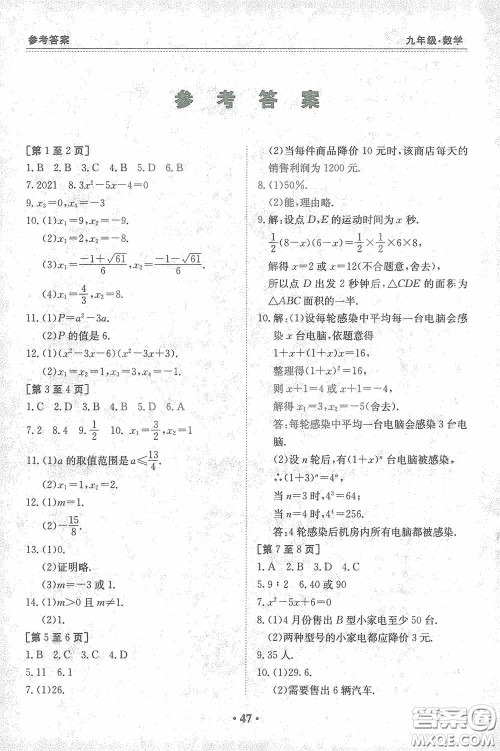 江西高校出版社2021寒假作业九年级数学人教版答案