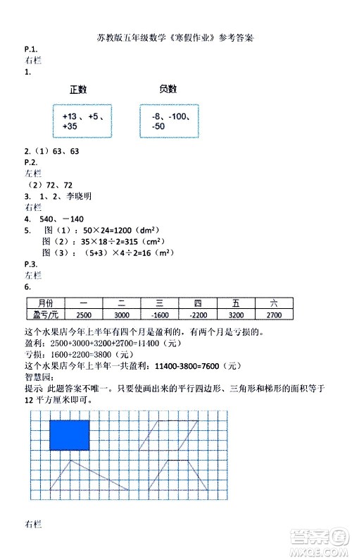 安徽少年儿童出版社2021版寒假作业五年级数学苏教版答案 安徽少年儿童出版社2021版寒假作业五年级数学苏教版答案