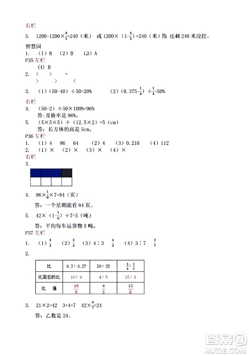 安徽少年儿童出版社2021版寒假作业六年级数学苏教版答案