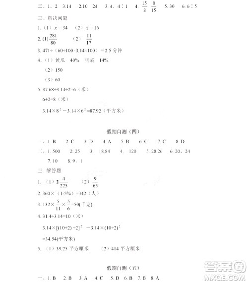 黑龙江少年儿童出版社2022阳光假日寒假六年级数学人教答案