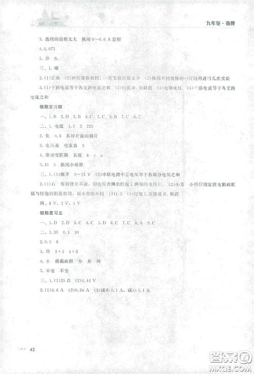 湖南教育出版社2021寒假作业九年级物理答案