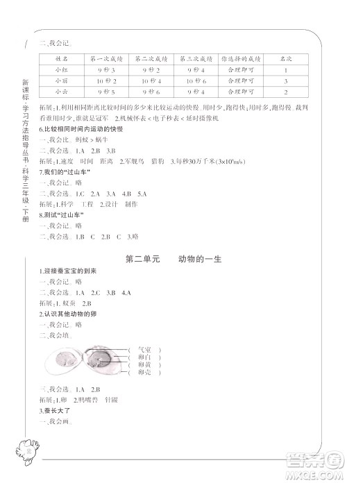 宁波出版社2021新课标学习方法指导丛书科学三年级下册答案