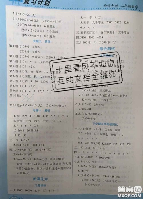 2021年豫新锐图书复习计划100分寒假二年级数学西师版答案