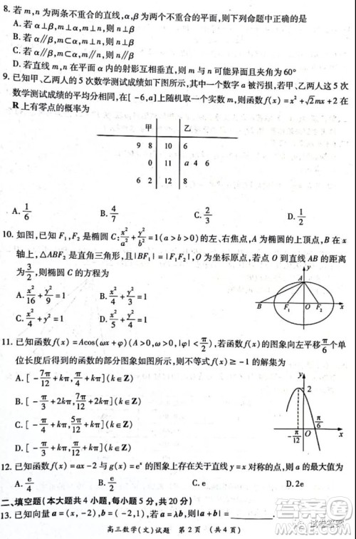 中原名校2020-2021学年下期质量考评一高三文科数学试题及答案