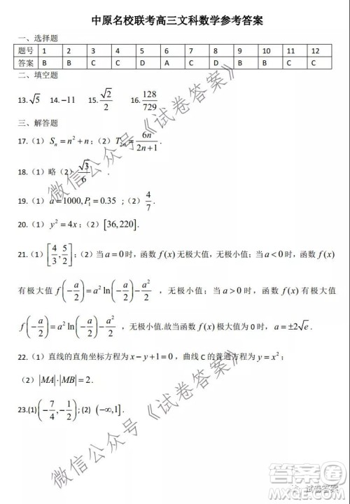 中原名校2020-2021学年下期质量考评一高三文科数学试题及答案 中原名校2020-2021学年下期质量考评一高三文科数学试题及答案