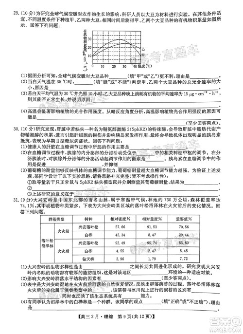 九师联盟2020-2021学年高三2月质量检测理科综合试题及答案