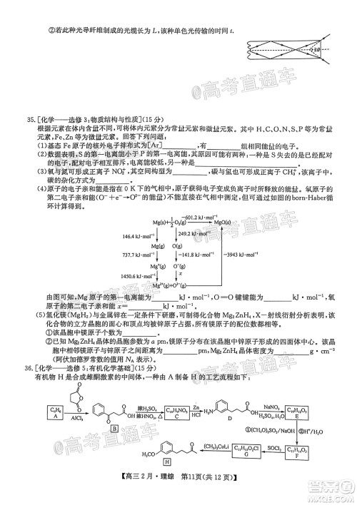 九师联盟2020-2021学年高三2月质量检测理科综合试题及答案