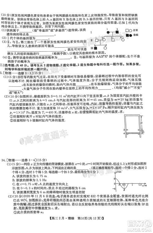 九师联盟2020-2021学年高三2月质量检测理科综合试题及答案