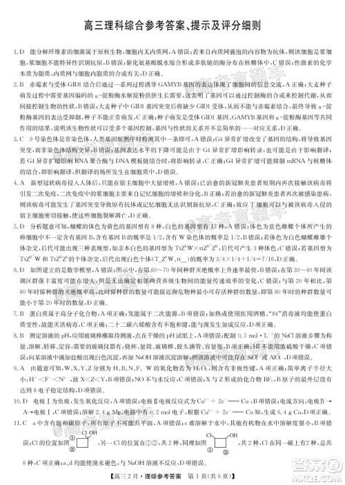 九师联盟2020-2021学年高三2月质量检测理科综合试题及答案