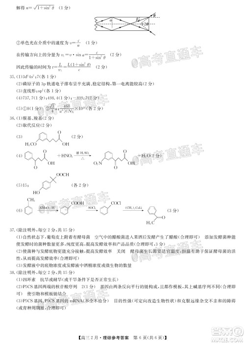 九师联盟2020-2021学年高三2月质量检测理科综合试题及答案