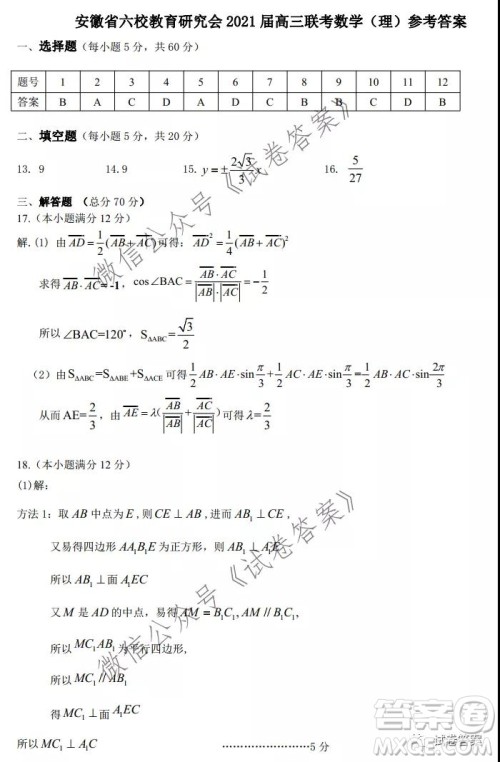 安徽省六校教育研究会2021届高三联考理科数学能力测试答案