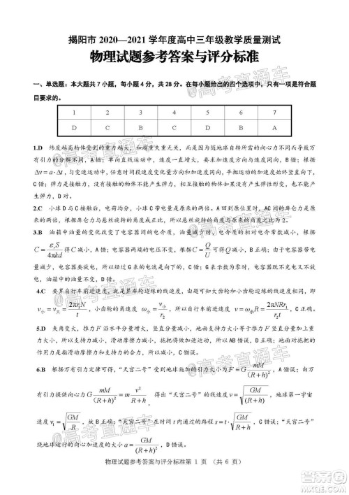 揭阳市2020-2021学年度高中三年级教学质量测试物理试题及答案 揭阳市2020-2021学年度高中三年级教学质量测试物理试题及答案