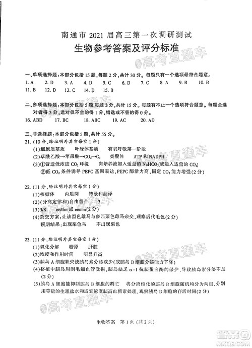 2021届南通一模生物试题及答案 2021届南通一模生物试题及答案