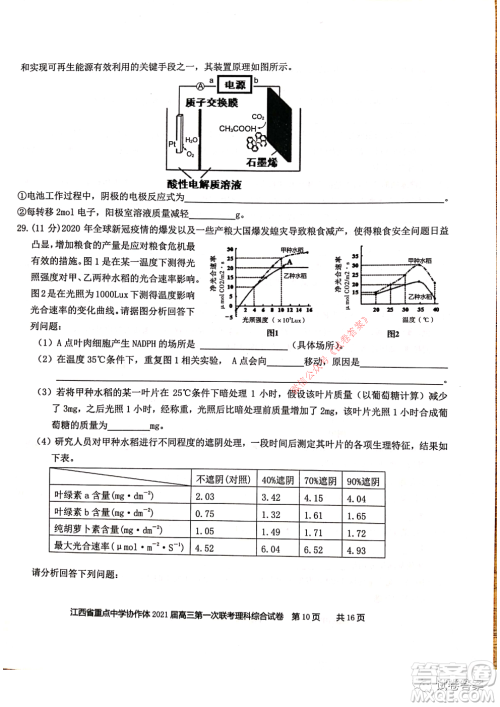 江西省重点中学协作体2021届高三年级第一次联考理科综合试题及答案