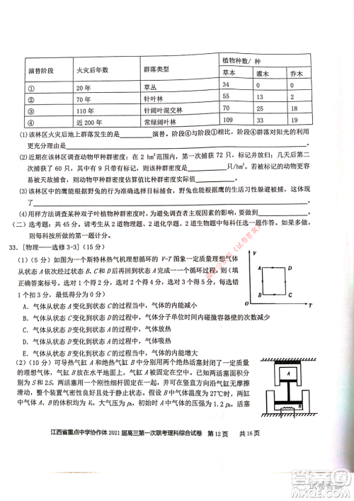 江西省重点中学协作体2021届高三年级第一次联考理科综合试题及答案 江西省重点中学协作体2021届高三年级第一次联考理科综合试题及答案