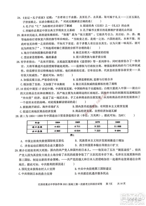 江西省重点中学协作体2021届高三年级第一次联考文综试题及答案 江西省重点中学协作体2021届高三年级第一次联考文综试题及答案