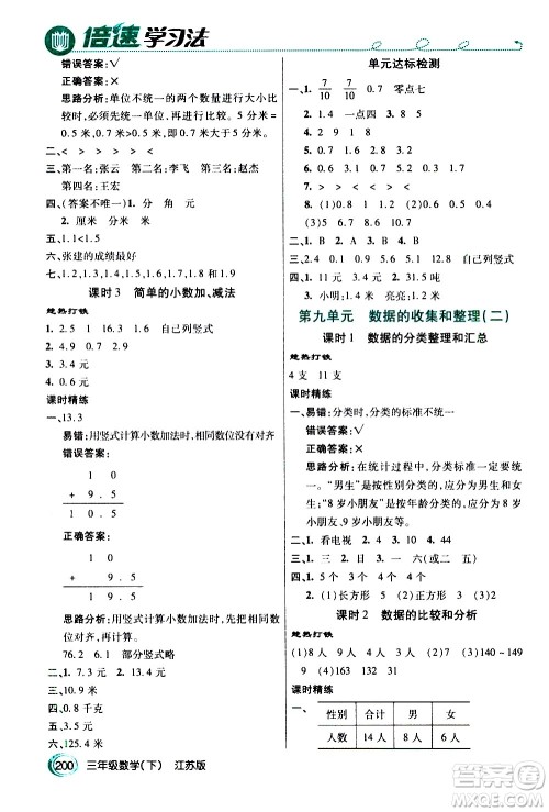 开明出版社2021年倍速学习法三年级下册数学江苏版答案