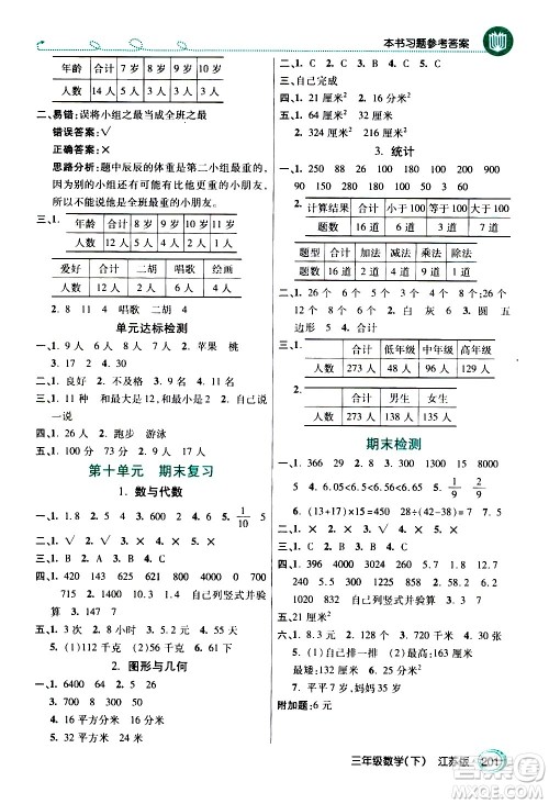 开明出版社2021年倍速学习法三年级下册数学江苏版答案