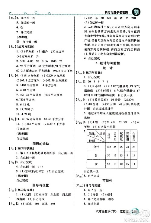 开明出版社2021年倍速学习法六年级下册数学江苏版答案