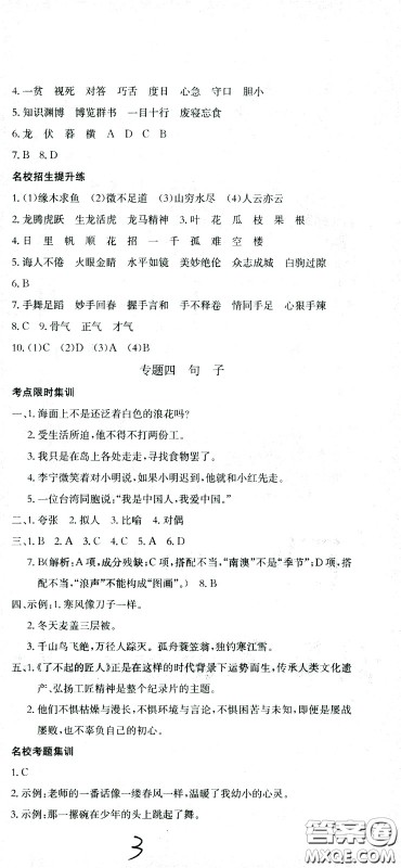 黄冈小状元2021版全国100所名校小学升学考试冲刺复习卷语文全国版答案