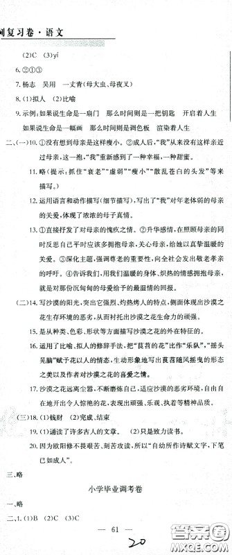 黄冈小状元2021版全国100所名校小学升学考试冲刺复习卷语文全国版答案