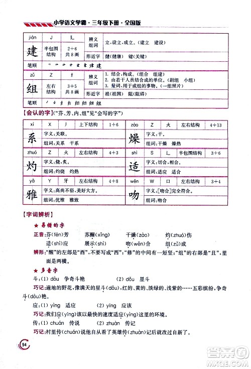 江苏凤凰美术出版社2021小学语文学霸三年级下册全国版答案